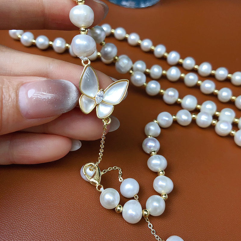 Natural Freshwater Pearl Necklace for Women - Adjustable Layering Butterfly Design, Minimalist Designer Jewelry