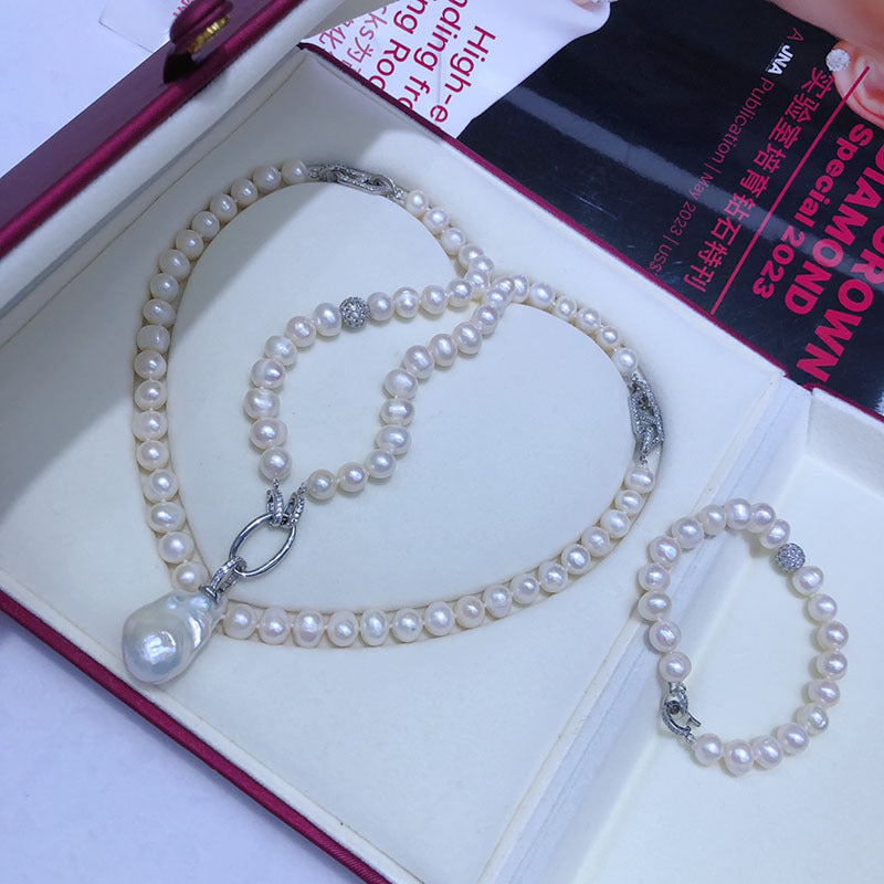 Natural Freshwater Pearl Necklace & Bracelet Set - White Near-Round Baroque Jewelry, Multi-Wear Style