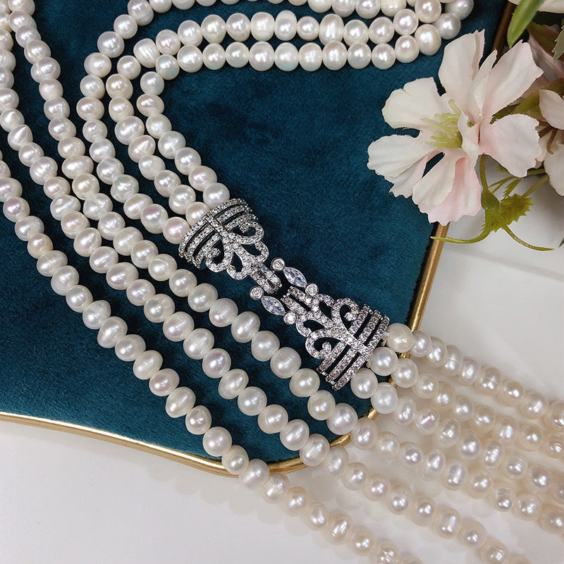 White Freshwater Pearl Necklace - 6-7mm, French Vintage Style, Multi-Layer Design