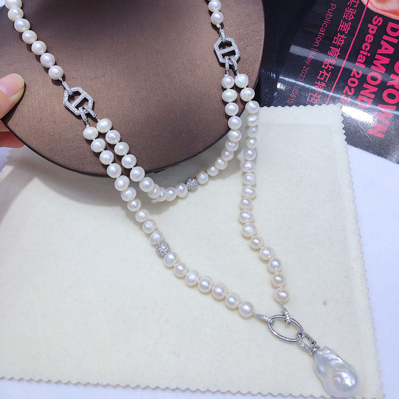Natural Freshwater Pearl Necklace & Bracelet Set - White Near-Round Baroque Jewelry, Multi-Wear Style