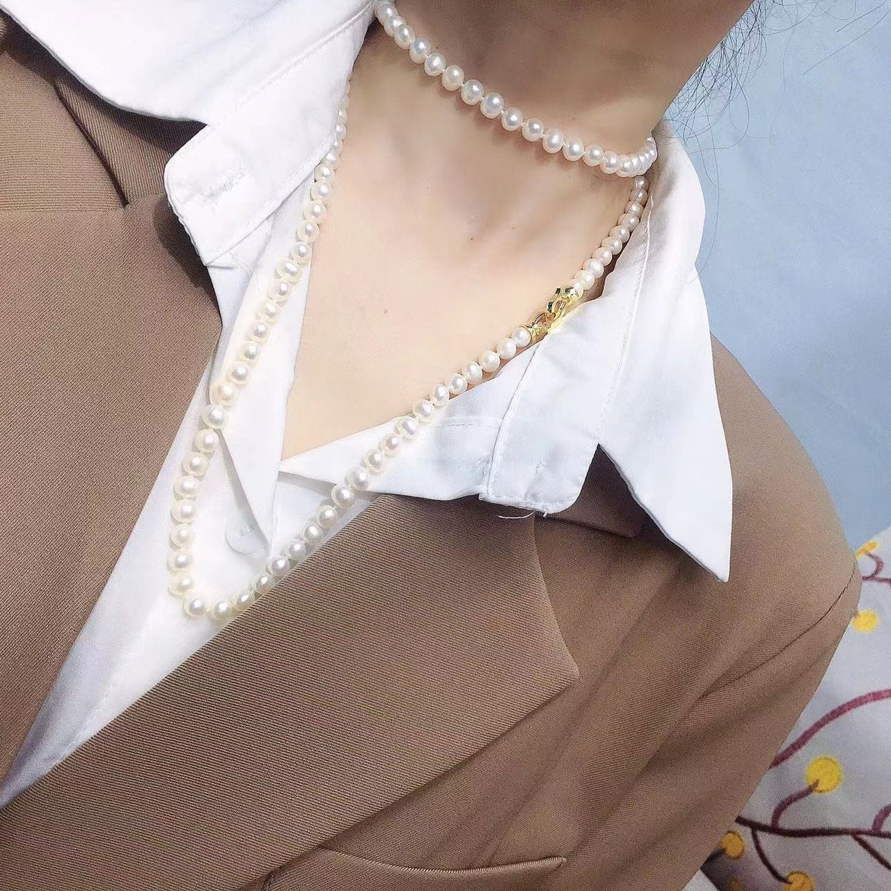 natural freshwater pearl necklace female, Hepburn style temperament versatile French double-layer collarbone chain