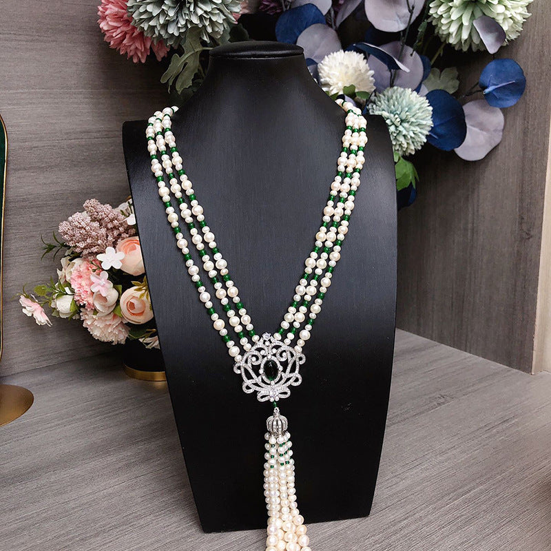 Multi-Layer Natural Freshwater Pearl Necklace - White Luxury Green Long Chain, Elegant Qipao Jewelry for Women, Wholesale