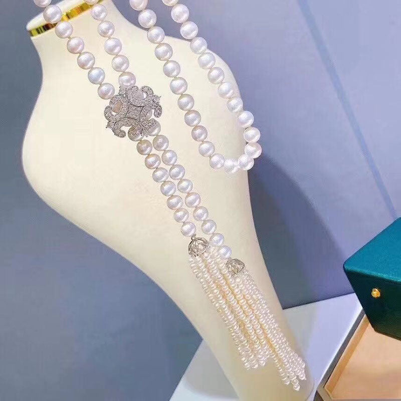 Freshwater Pearl Necklace for Women - White 8-9mm, Double Tassel Design