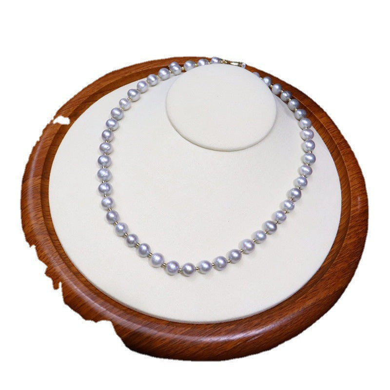 Freshwater pearl necklace women's versatile simple jewelry grandma gray nearly round flawed bow pearl sweater chain wholesale