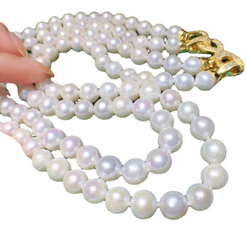 French freshwater pearl necklace women's Korean 8-9mm double-layer stacked wear nearly round and flawed fashion versatile temperament jewelry 326