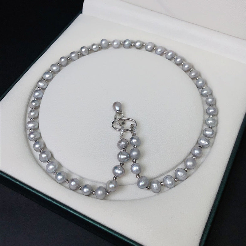 8mm Gray Freshwater Pearl Necklace for Women - Fashion Multi-Wear Pendant Chain, Perfect Gift Jewelry