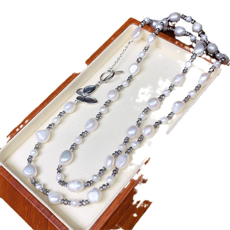 Natural Baroque Pearl Necklace for Women - Irregular Pearl Collarbone Chain, Minimalist Luxury Jewelry with Rice Pearl Accents