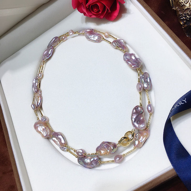 "Baroque Pearl Necklace | Raw Colorful Purple 6-14mm Unique Design for Women"