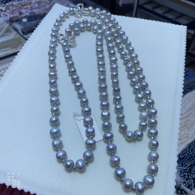 Double Layer Gray Pearl Necklace - 8mm Freshwater Pearl, Elegant Versatile Women's Jewelry for Gift