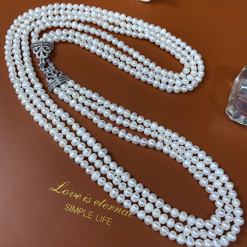 White Freshwater Pearl Necklace - 6-7mm, French Vintage Style, Multi-Layer Design