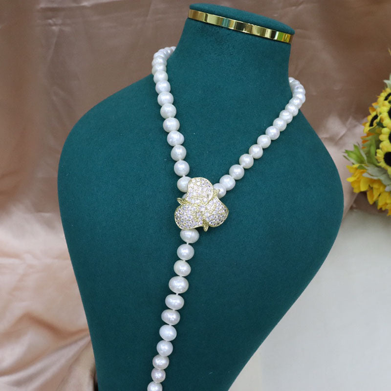 Freshwater pearl necklace women's versatile simple fashion jewelry nearly round and flawed niche design sense sweater chain wholesale