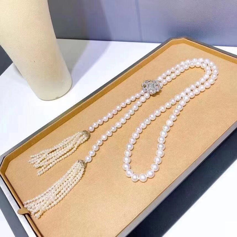 Freshwater Pearl Necklace for Women - White 8-9mm, Double Tassel Design