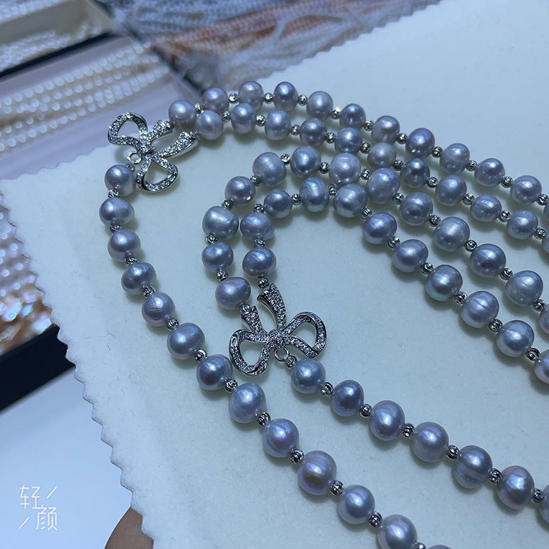 Double Layer Gray Pearl Necklace - 8mm Freshwater Pearl, Elegant Versatile Women's Jewelry for Gift