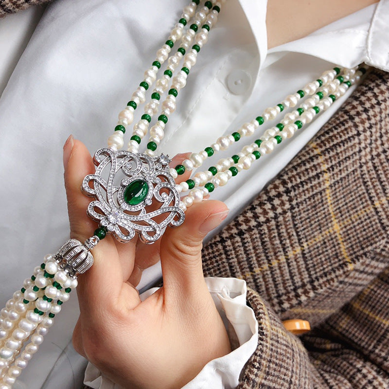 Multi-Layer Natural Freshwater Pearl Necklace - White Luxury Green Long Chain, Elegant Qipao Jewelry for Women, Wholesale