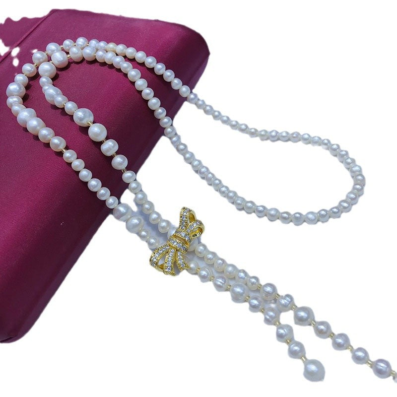New Natural Freshwater Pearl Necklace with Bow - 5-9mm Near-Round Slightly Imperfect, Fashion Elegant Jewelry for Women