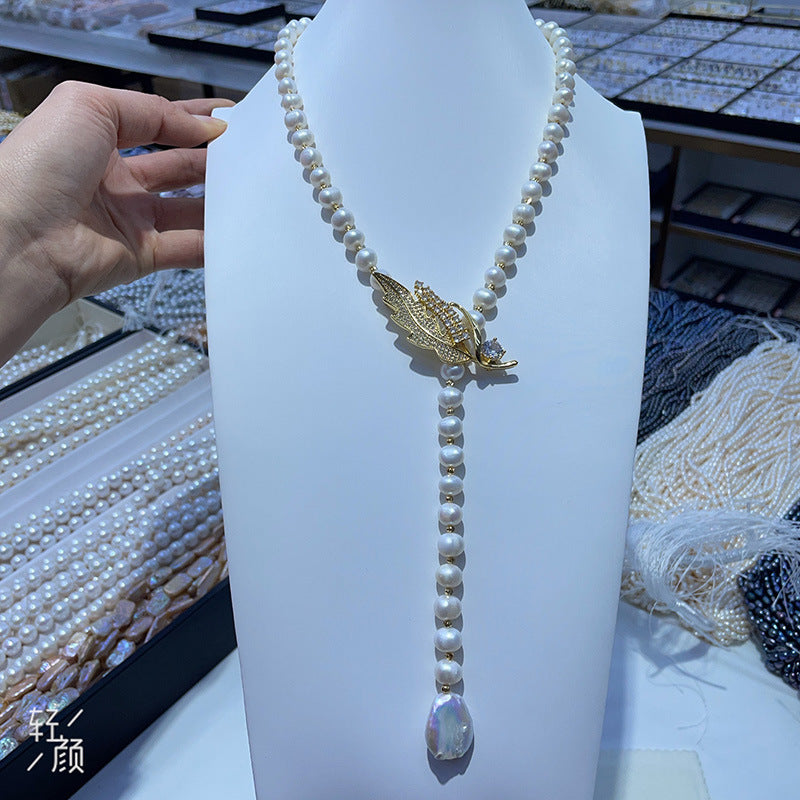 Feather Design Natural Freshwater Pearl Necklace for Women - Minimalist Versatile Pendant Chain, Fashion Jewelry