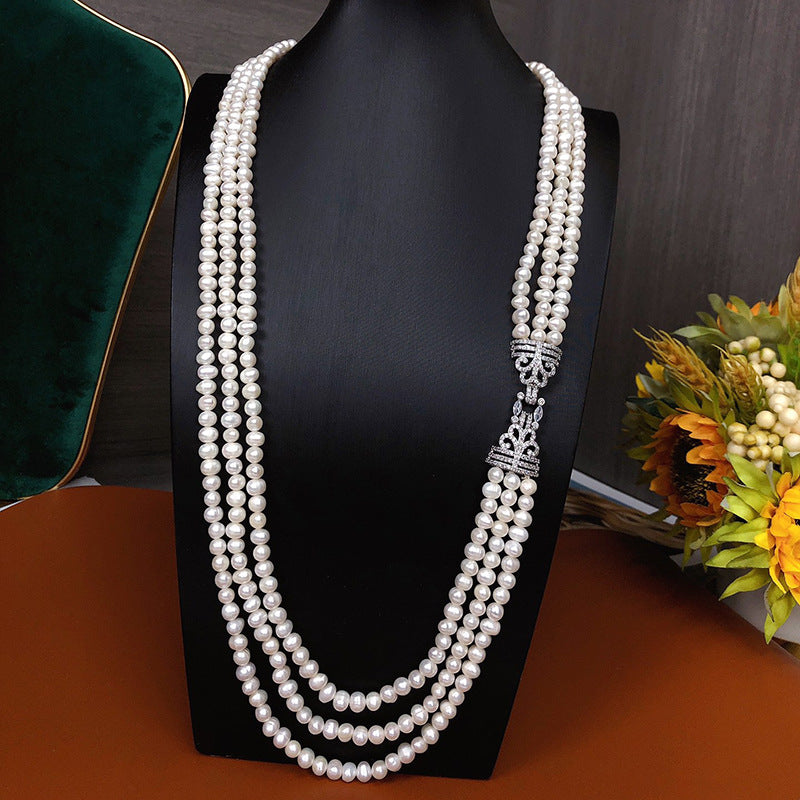 White Freshwater Pearl Necklace - 6-7mm, French Vintage Style, Multi-Layer Design