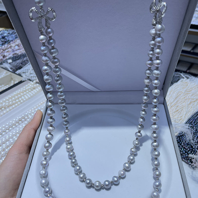 Double Layer Gray Pearl Necklace - 8mm Freshwater Pearl, Elegant Versatile Women's Jewelry for Gift