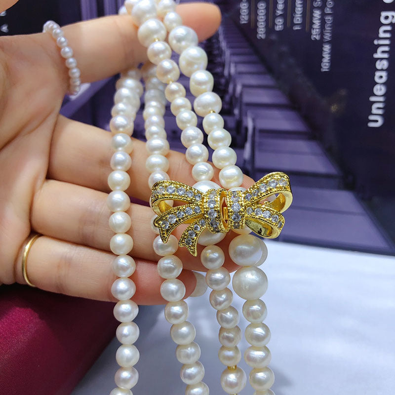 New Natural Freshwater Pearl Necklace with Bow - 5-9mm Near-Round Slightly Imperfect, Fashion Elegant Jewelry for Women