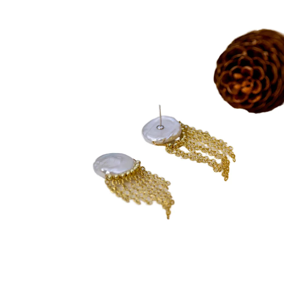 DIY fashion design freshwater pearl button Baroque 18K gold-plated tassel style women's earrings
