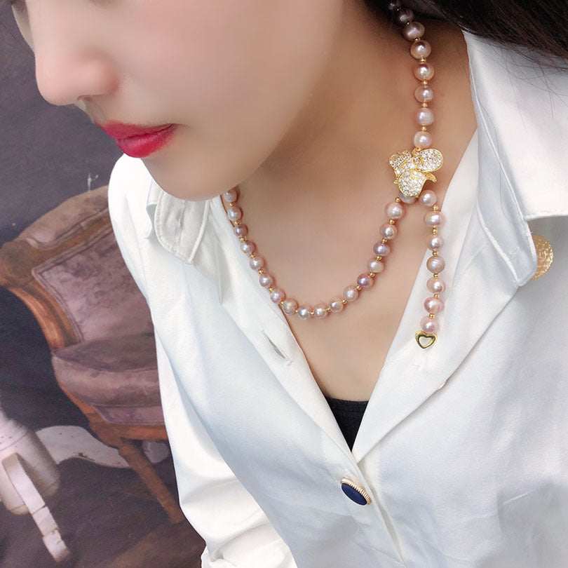 Natural Light Purple Freshwater Pearl Necklace, Trendy Versatile Jewelry, Pearl Sweater Chain Wholesale