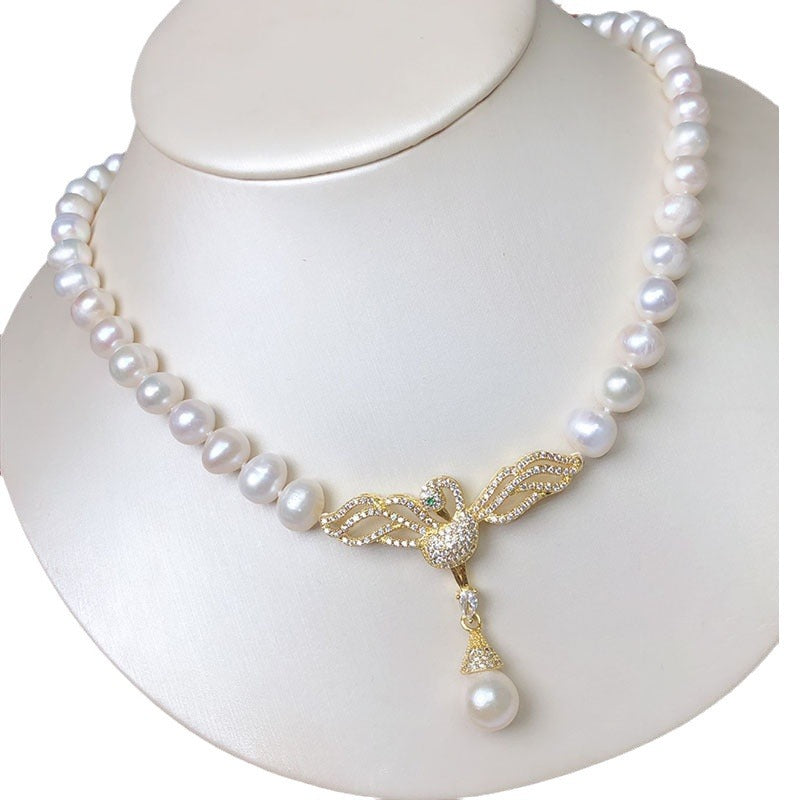 Freshwater pearl necklace fashionable and versatile jewelry full of diamonds micro-inlaid 8-9mm nearly round pearls