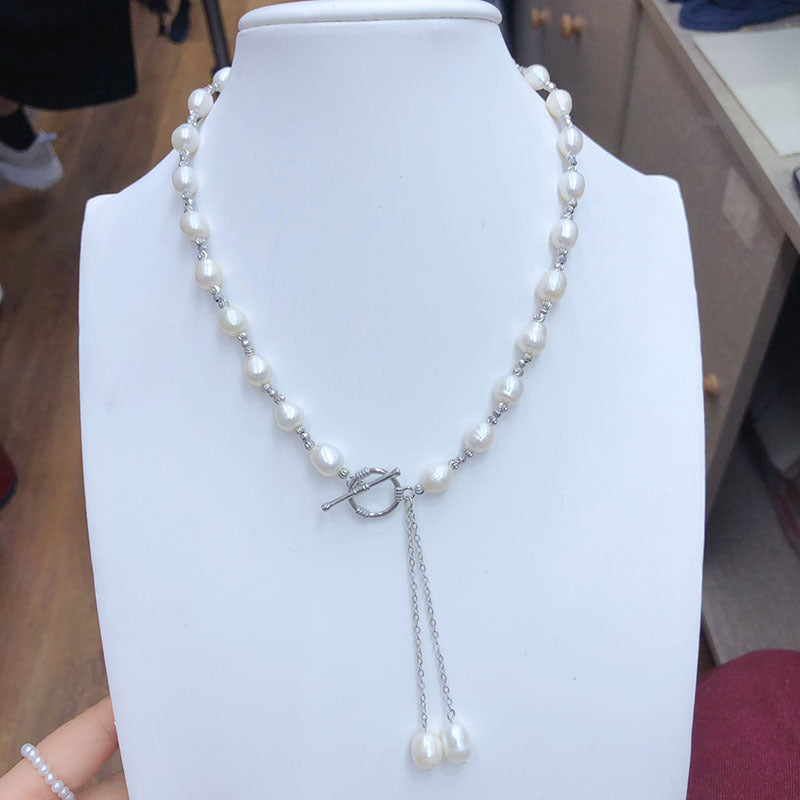 Natural freshwater rice-shaped fashionable versatile OT buckle short pearl clavicle necklace
