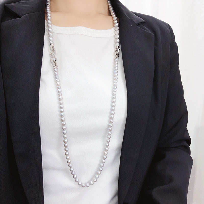 Minimalist Double-Layer Freshwater Pearl Necklace, Women's Gray Multi-Wear Mother-Daughter Chain, Sweater Necklace