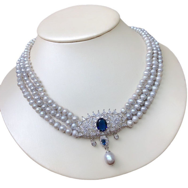 French retro freshwater pearl three-layer necklace