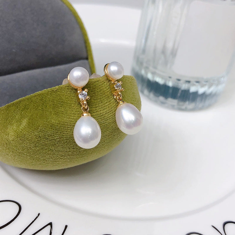 Double beads new freshwater pearl stud earrings women's fresh and versatile jewelry niche design sense popular pearl earrings wholesale