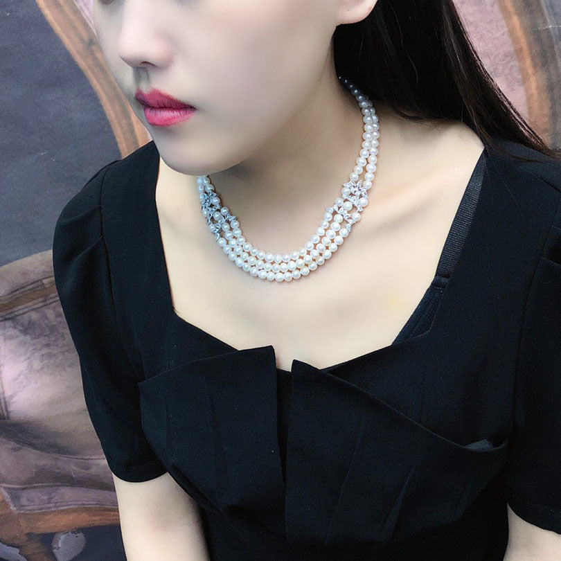 Manufacturer wholesale natural freshwater pearl necklace women, light luxury niche design sense fashion temperament, three-layer collarbone chain