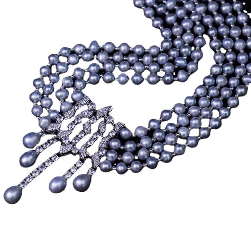 Retro freshwater pearl three-layer fashion luxury design clavicle necklace jewelry
