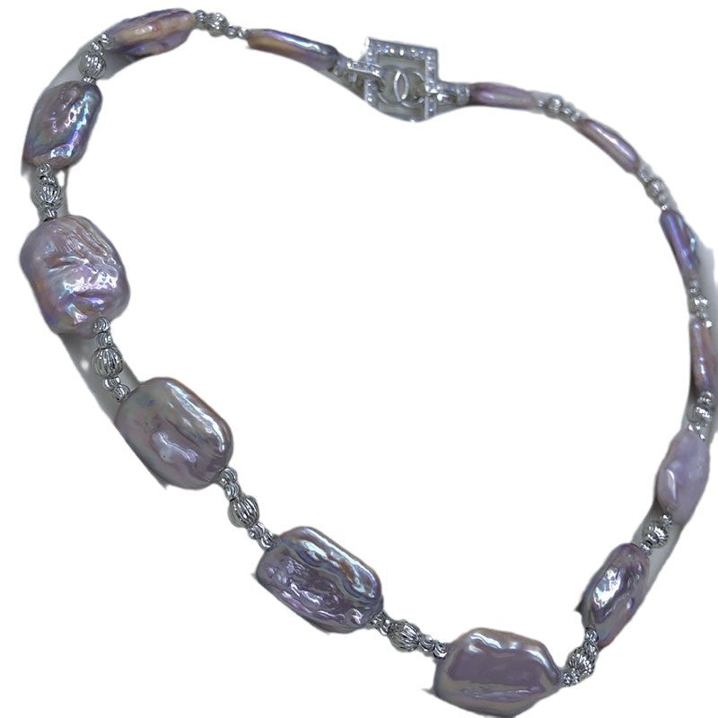 Baroque natural freshwater pearl necklace purple sugar cube pearl clavicle necklace
