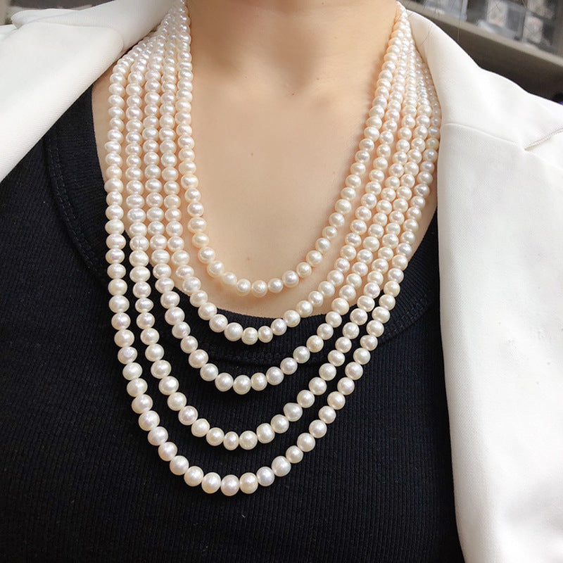 French Vintage Multi-Layer Freshwater Pearl Necklace, Sweater Chain