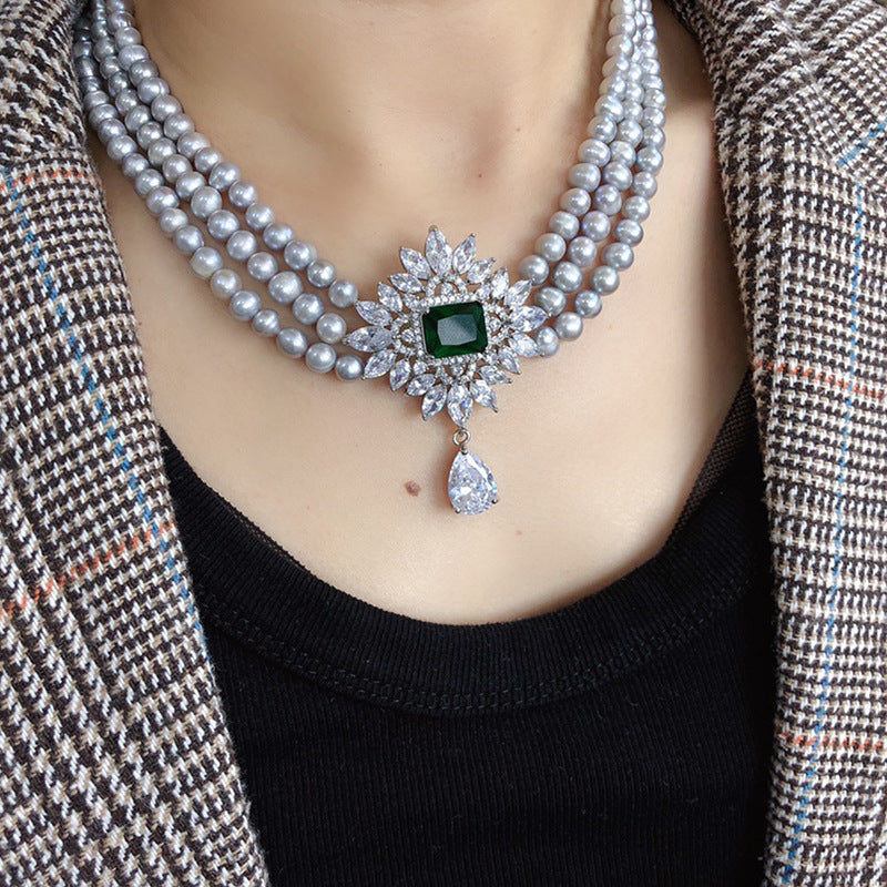 "Three-Layer Freshwater Pearl Necklace | Vintage Gray Choker for Women"