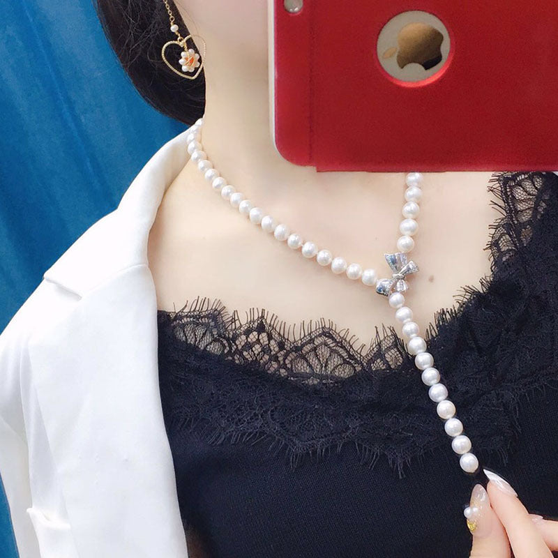 Freshwater Pearl Necklace for Women, 8-9mm, Adjustable Bowknot Clasp, Elegant Minimalist Choker