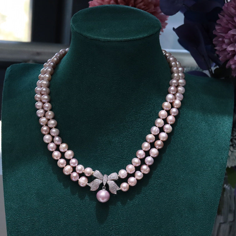Vintage double-layer natural freshwater pearl purple versatile bow clavicle necklace