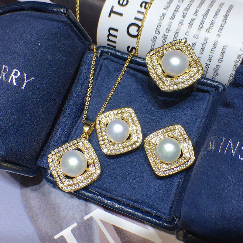 High Luster Freshwater Pearl Set - 18k Gold, Micro-Pave Diamonds, Holiday Gift