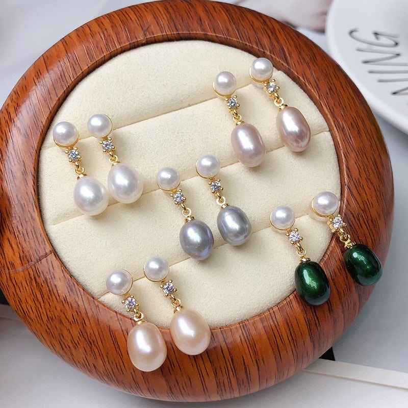 Double beads new freshwater pearl stud earrings women's fresh and versatile jewelry niche design sense popular pearl earrings wholesale