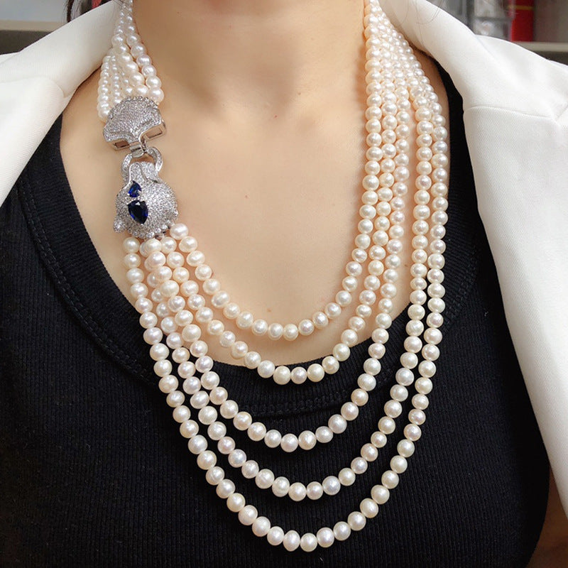French Vintage Multi-Layer Freshwater Pearl Necklace, Sweater Chain
