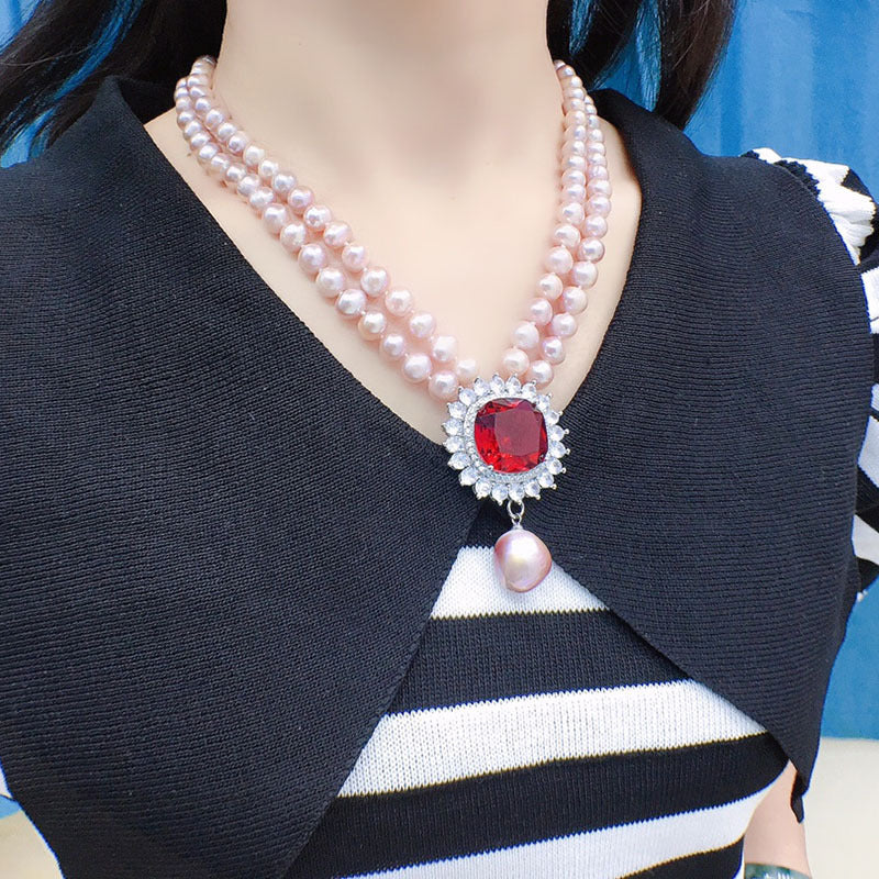 Natural freshwater pearl necklace female purple retro double-layer versatile jewelry light luxury niche cold wind collarbone chain