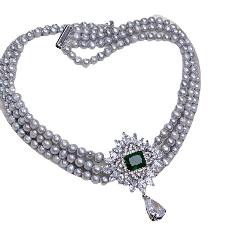 "Three-Layer Freshwater Pearl Necklace | Vintage Gray Choker for Women"