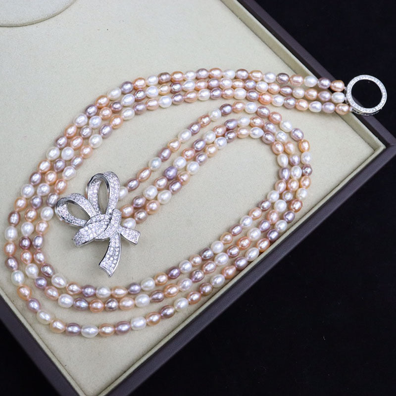 Natural freshwater pearl necklace for women 5-6mm rice pearls 18k gold-plated, full of diamonds, bow