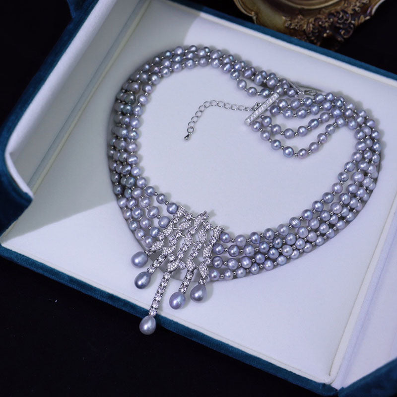 Retro freshwater pearl three-layer fashion luxury design clavicle necklace jewelry