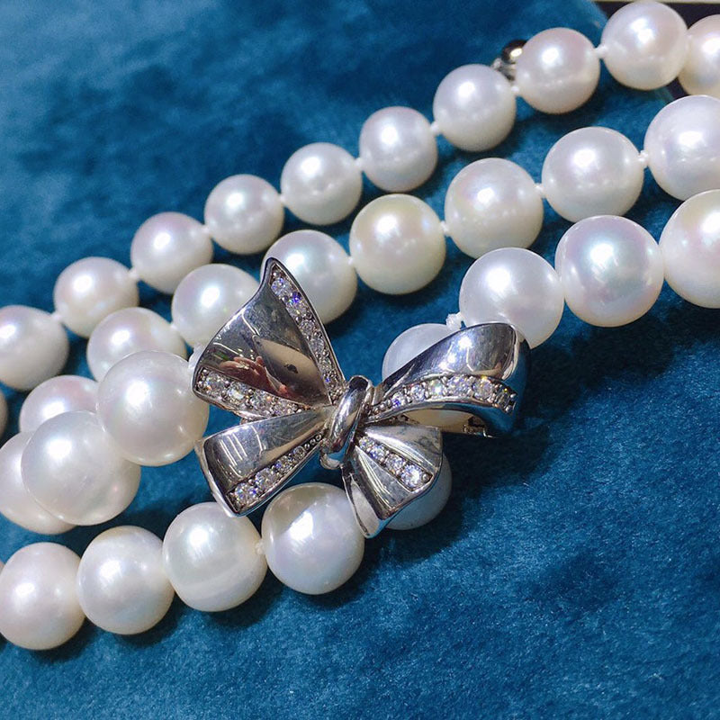 Freshwater Pearl Necklace for Women, 8-9mm, Adjustable Bowknot Clasp, Elegant Minimalist Choker