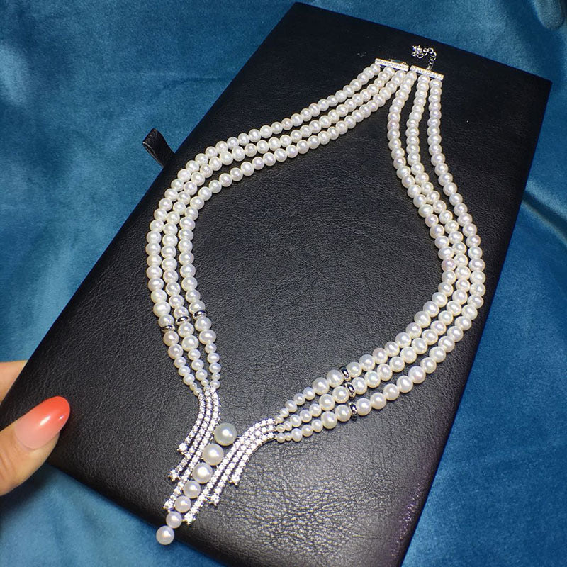 Natural freshwater pearl necklace 5--6mm rhinestone short evening dress bridal jewelry