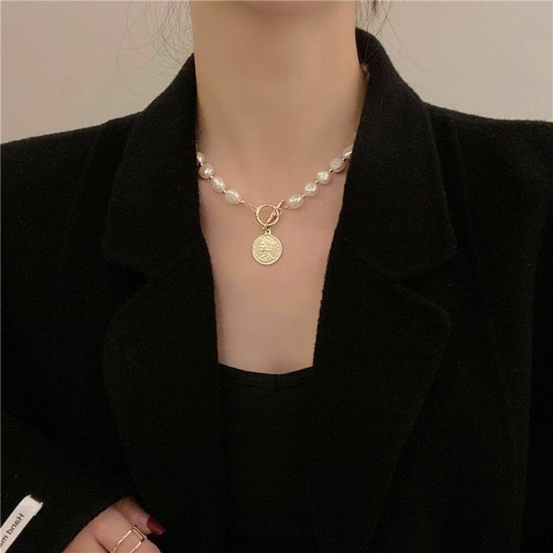 "Baroque Pearl Sweater Necklace | Vintage Coin Pendant with OT Clasp"