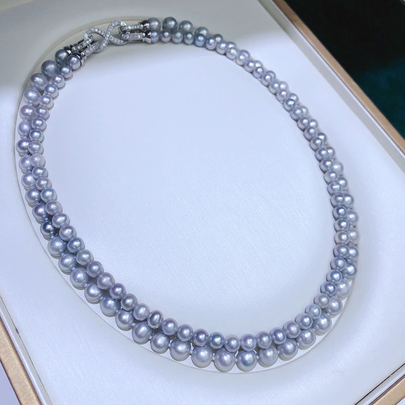 Minimalist Double-Layer Freshwater Pearl Necklace, Women's Gray Multi-Wear Mother-Daughter Chain, Sweater Necklace