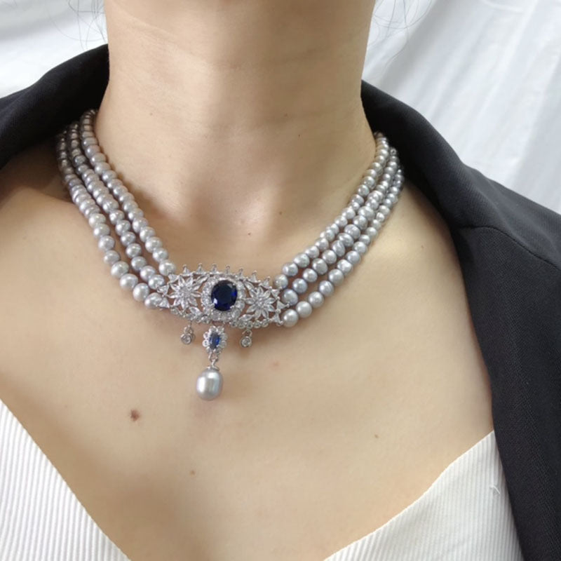 French retro freshwater pearl three-layer necklace