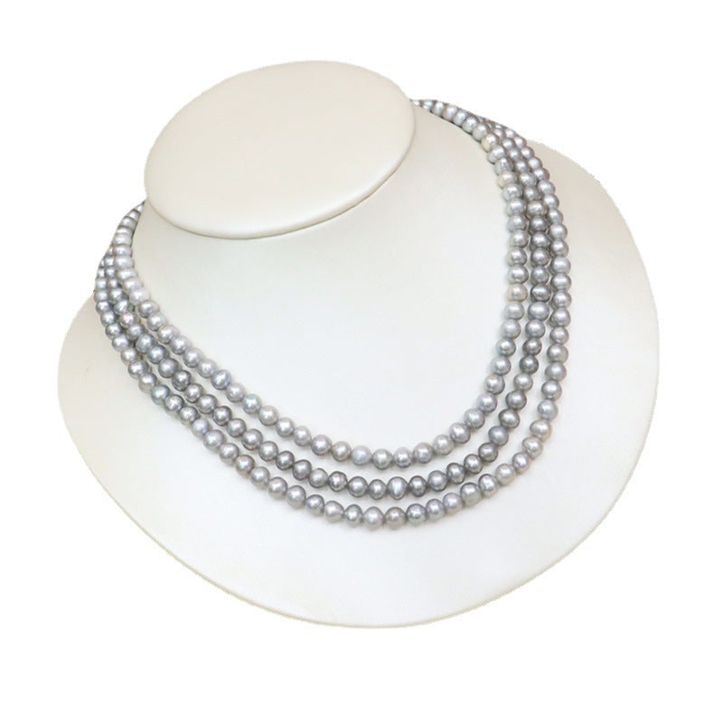 Freshwater Pearl Necklace Grey Light Luxury French Three-layer Necklace Clavicle Chain